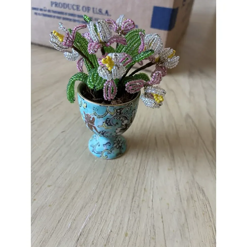 Vintage Handmade French Seed Beaded Flower Floral Bouquet Asian longevity Cup